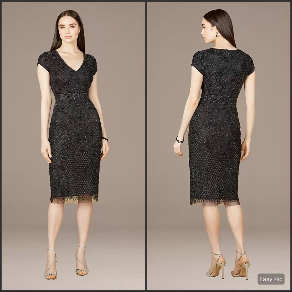 NWT LARA 29225 Black Size 4 Cap Sleeve Beaded Midi Dress - Picture 1 of 14